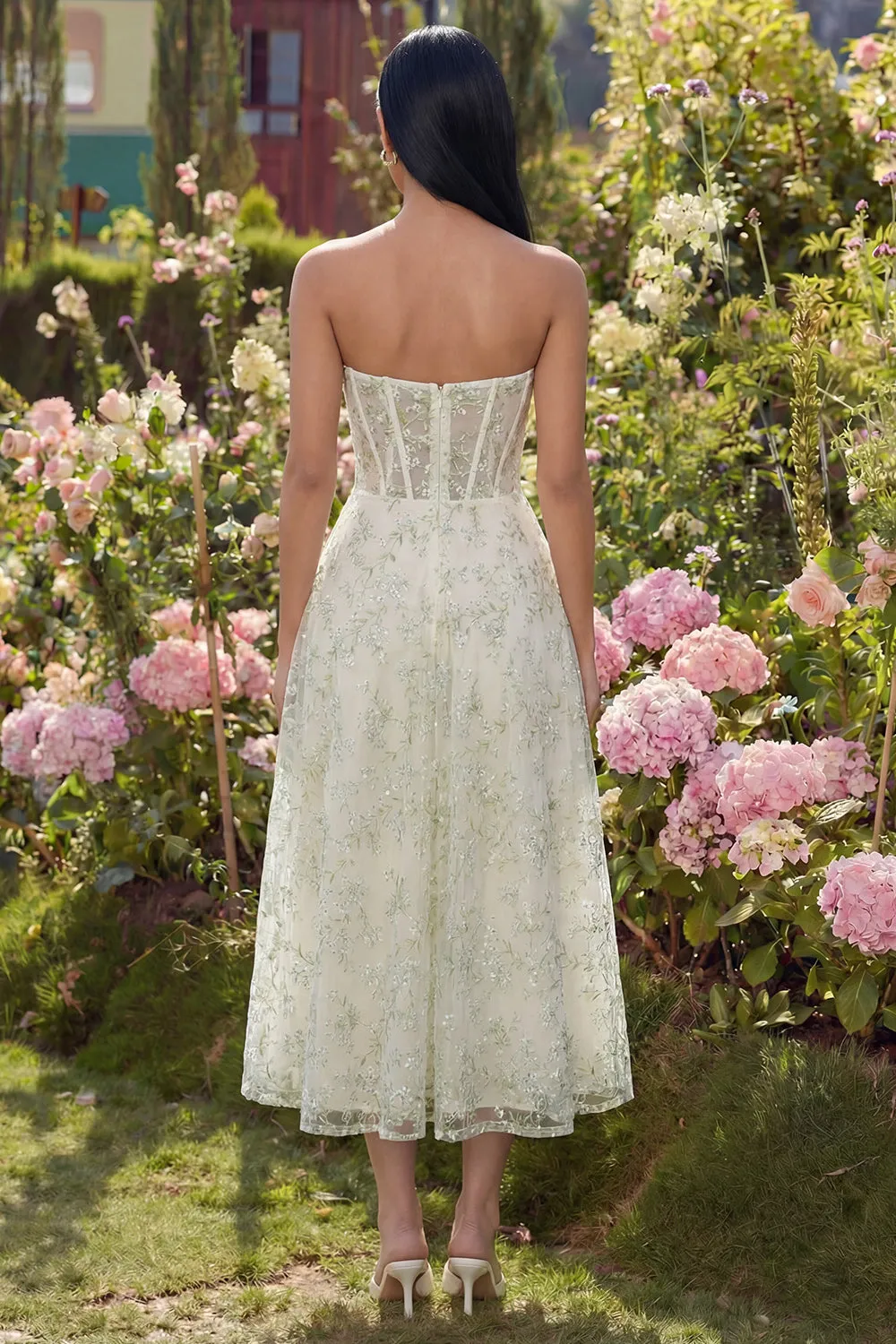 Light Green Appliqued Corset Strapless Tulle A Line Midi Dress sold by Zapaka product image thumbnail 2