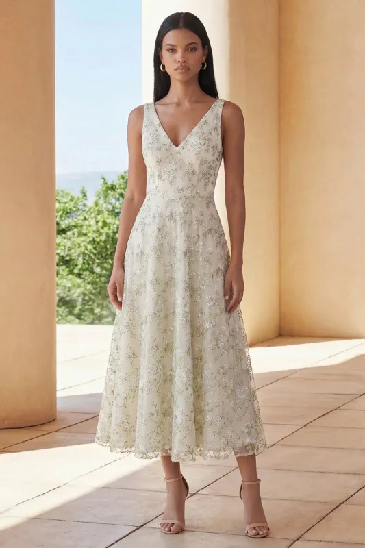 Light Green Appliqued V Neck A Line Midi Dress sold by Zapaka