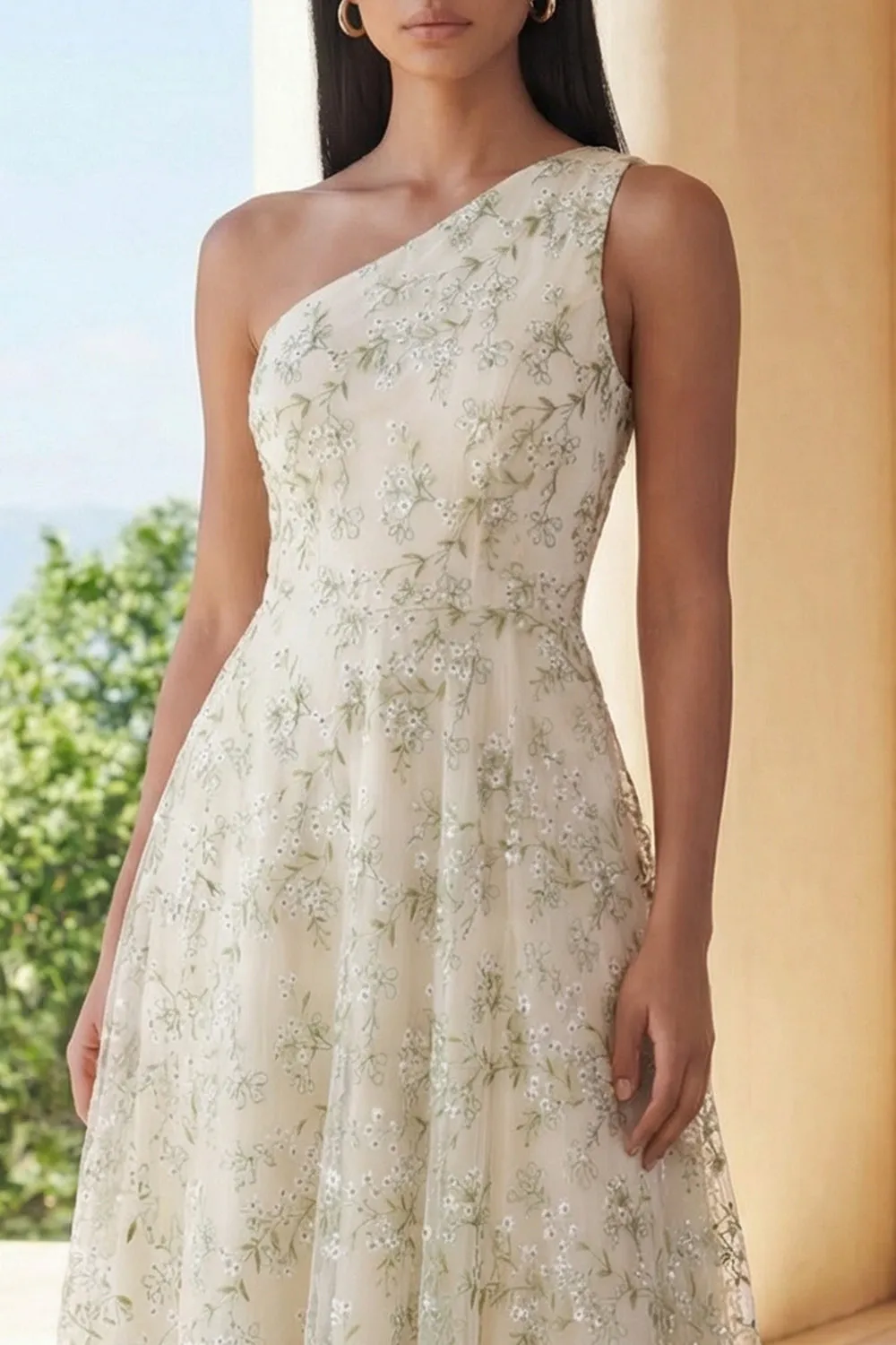 Light Green Appliqued One Shoulder A Line Midi Dress sold by Zapaka product image thumbnail 3