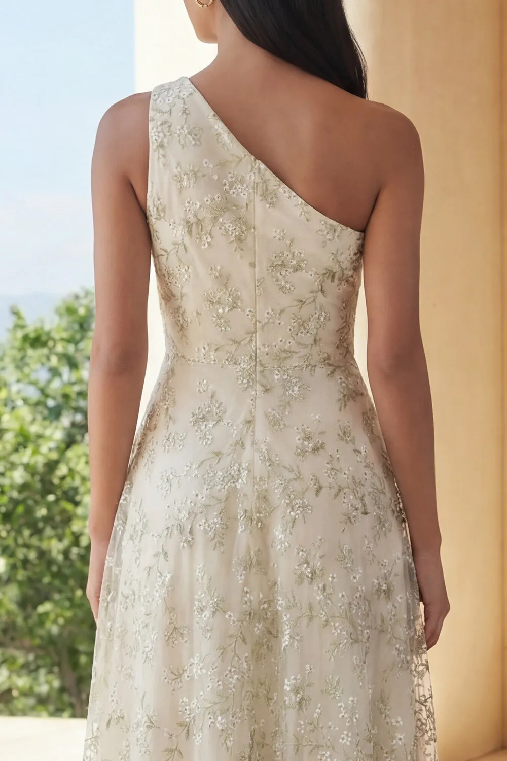 Light Green Appliqued One Shoulder A Line Midi Dress sold by Zapaka product image thumbnail 4