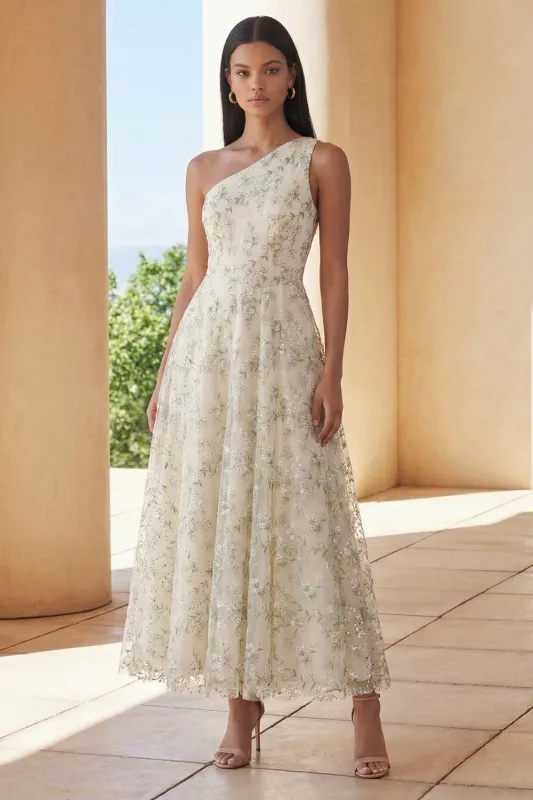 Light Green Appliqued One Shoulder A Line Midi Dress made by Zapaka