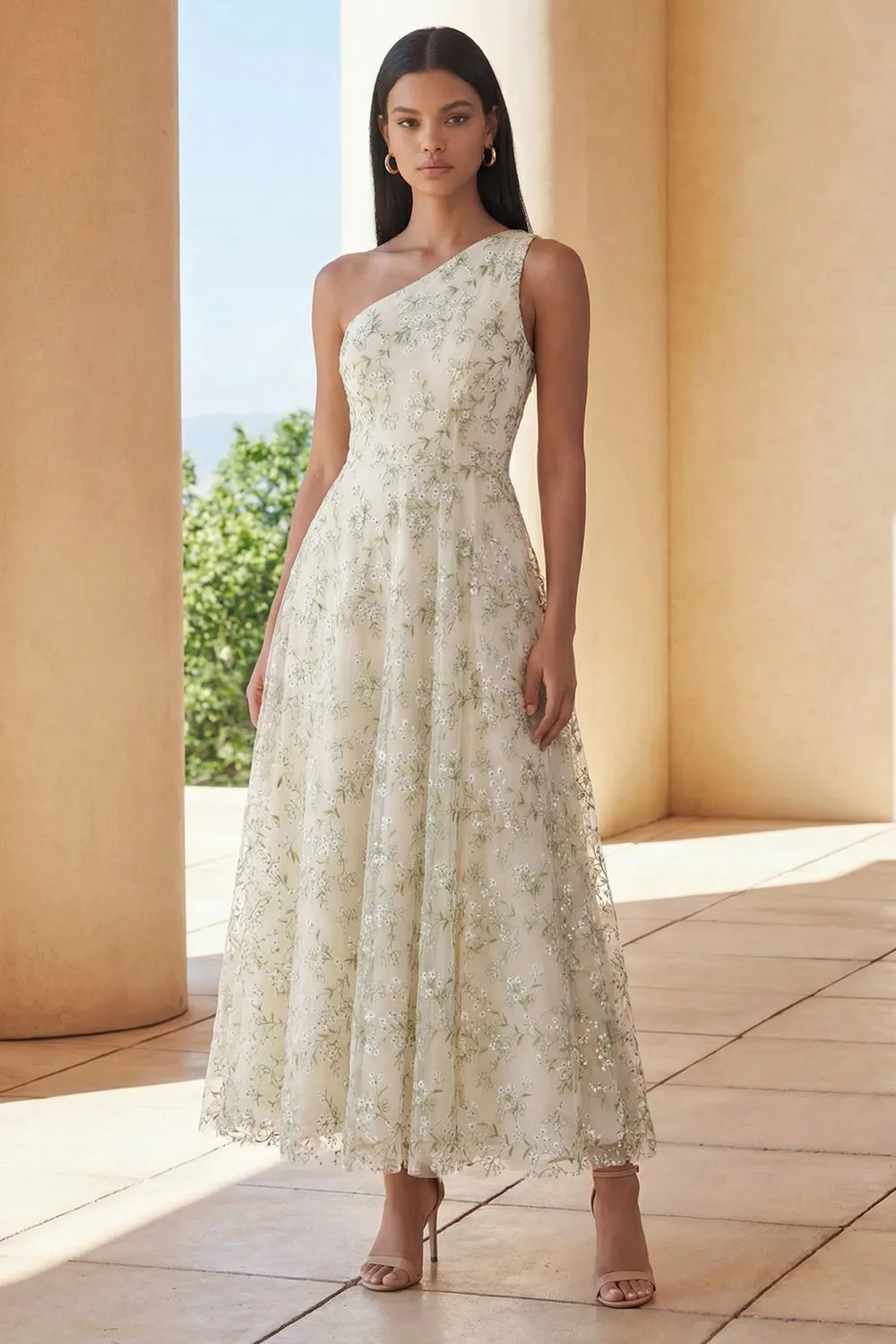 Light Green Appliqued One Shoulder A Line Midi Dress sold by Zapaka