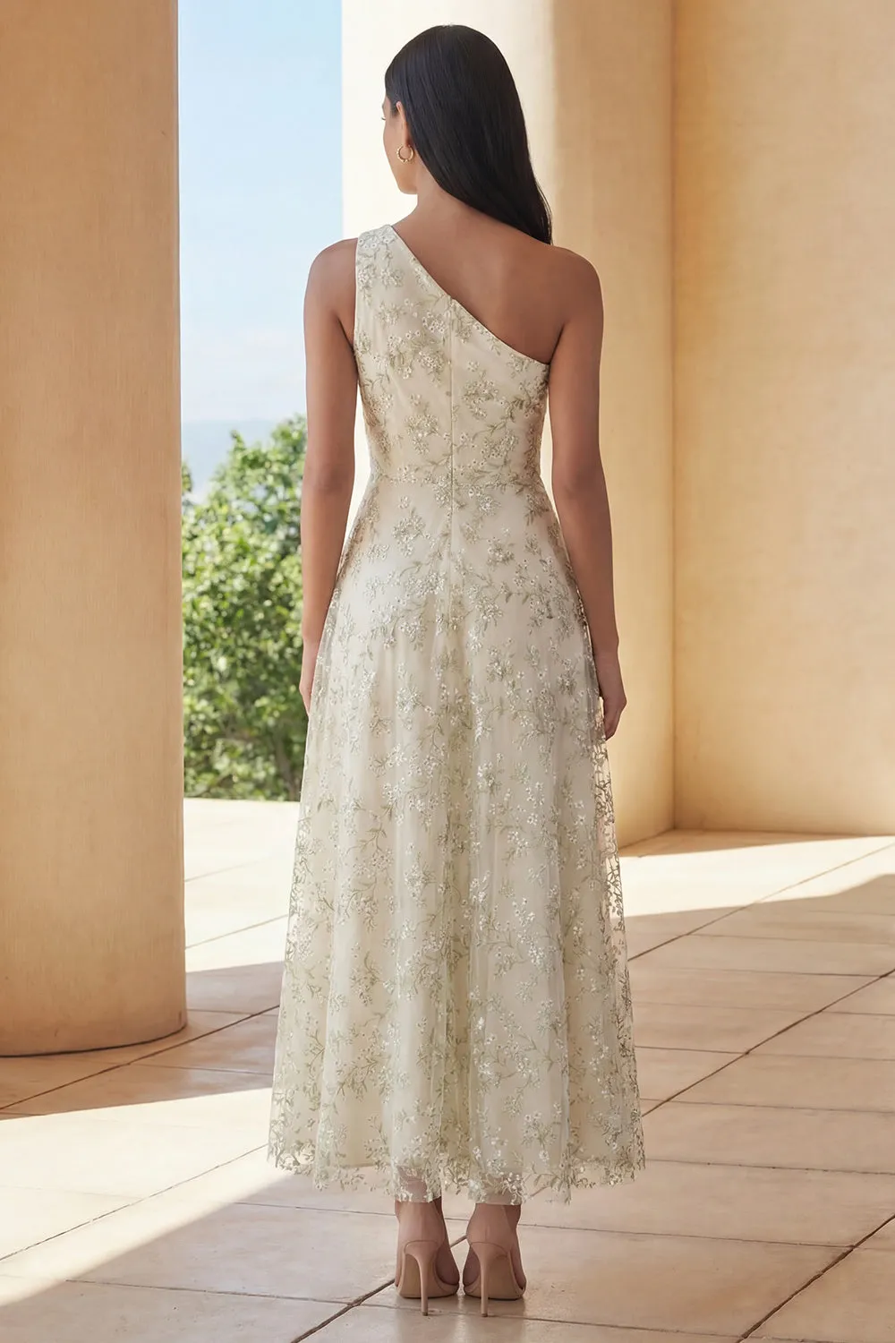 Light Green Appliqued One Shoulder A Line Midi Dress sold by Zapaka product image thumbnail 2