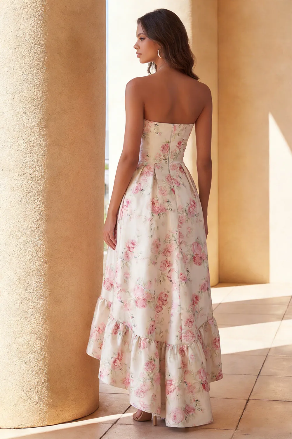 White Pink Flower Printed Strapless A Line Midi Dress with Ruffles sold by Zapaka product image thumbnail 2