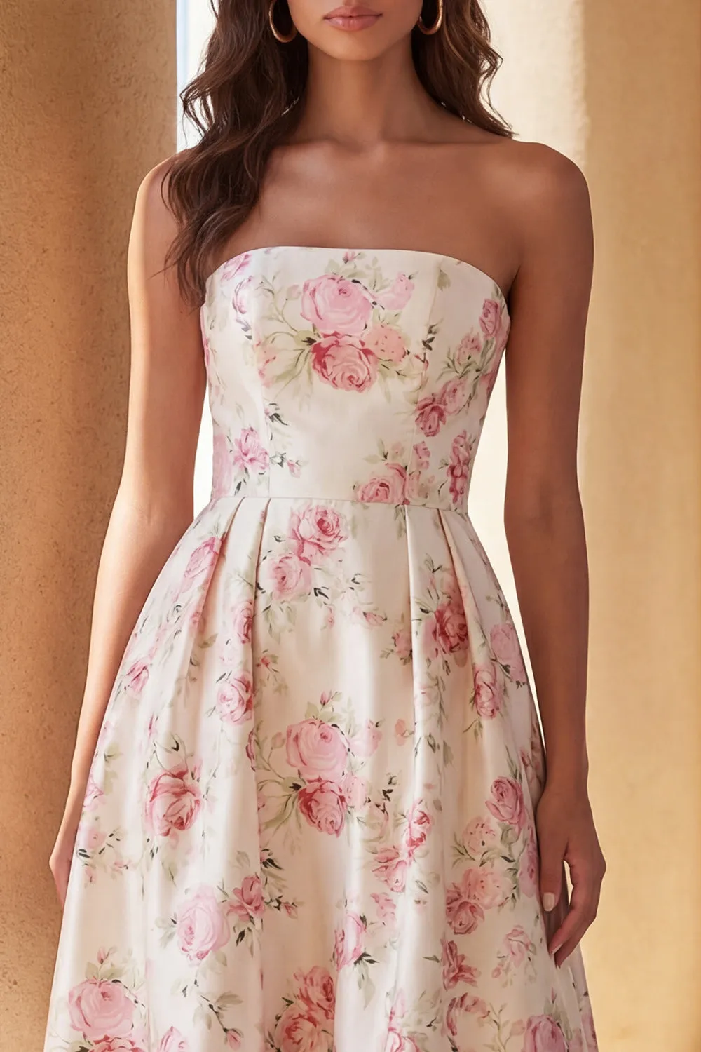 White Pink Flower Printed Strapless A Line Midi Dress with Ruffles sold by Zapaka product image thumbnail 3