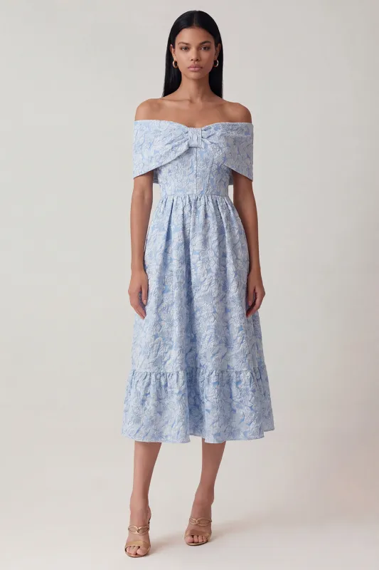 Blue Jacquard Off the Shoulder Corset A Line Midi Dress with Ruffles sold by Zapaka