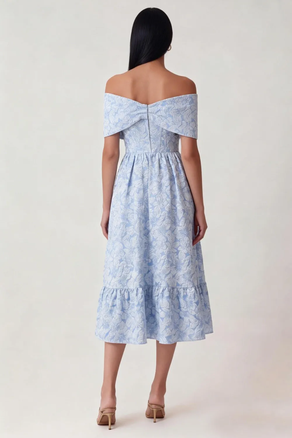 Blue Jacquard Off the Shoulder Corset A Line Midi Dress with Ruffles sold by Zapaka product image thumbnail 2