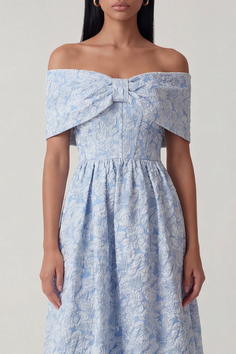 Blue Jacquard Off the Shoulder Corset A Line Midi Dress with Ruffles sold by Zapaka product image thumbnail 3