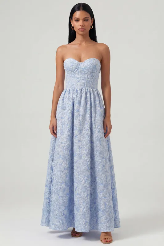 Blue Jacquard Corset Strapless A Line Midi Dress sold by Zapaka