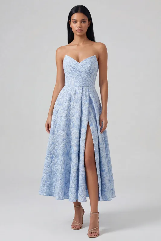 Blue Strapless Jacquard Ruched A Line Midi Dress with Slit sold by Zapaka