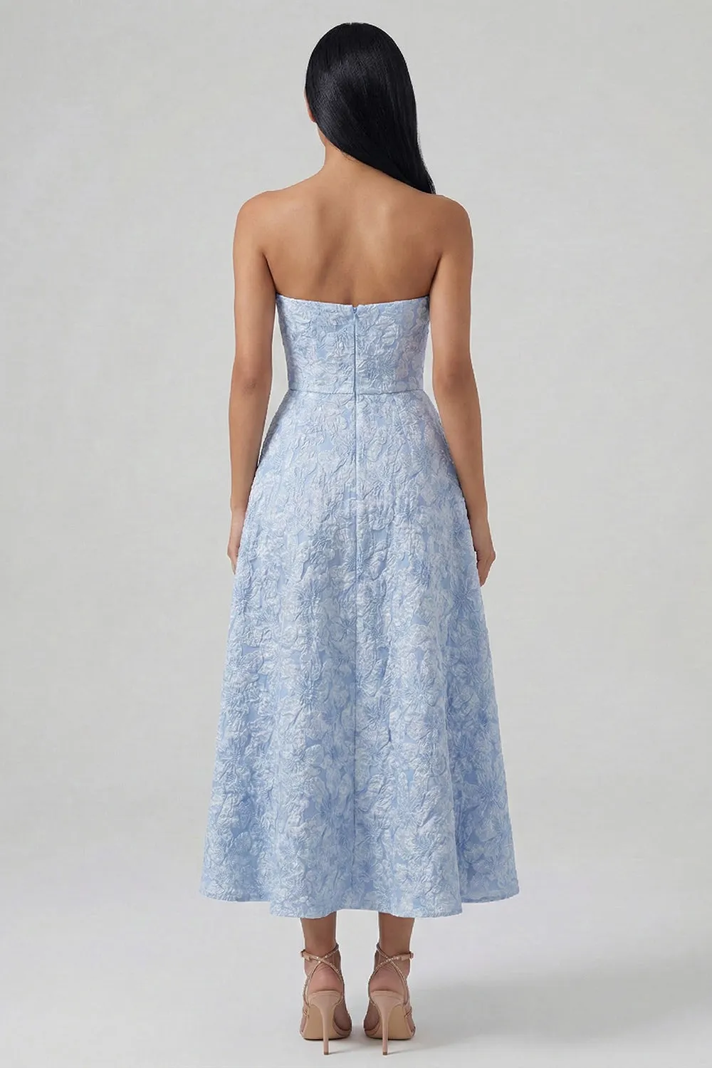 Blue Strapless Jacquard Ruched A Line Midi Dress with Slit sold by Zapaka product image thumbnail 2