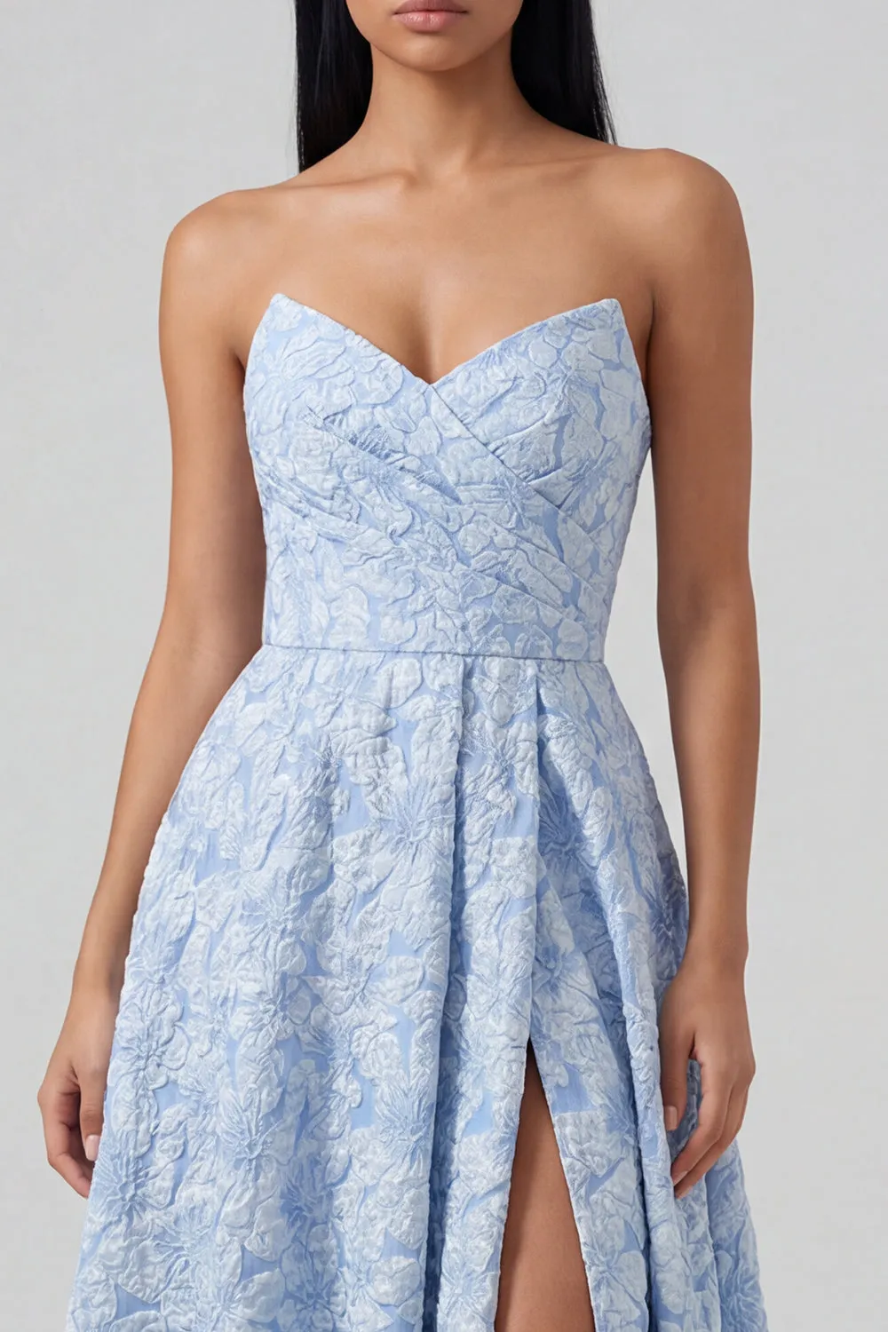 Blue Strapless Jacquard Ruched A Line Midi Dress with Slit sold by Zapaka product image thumbnail 3
