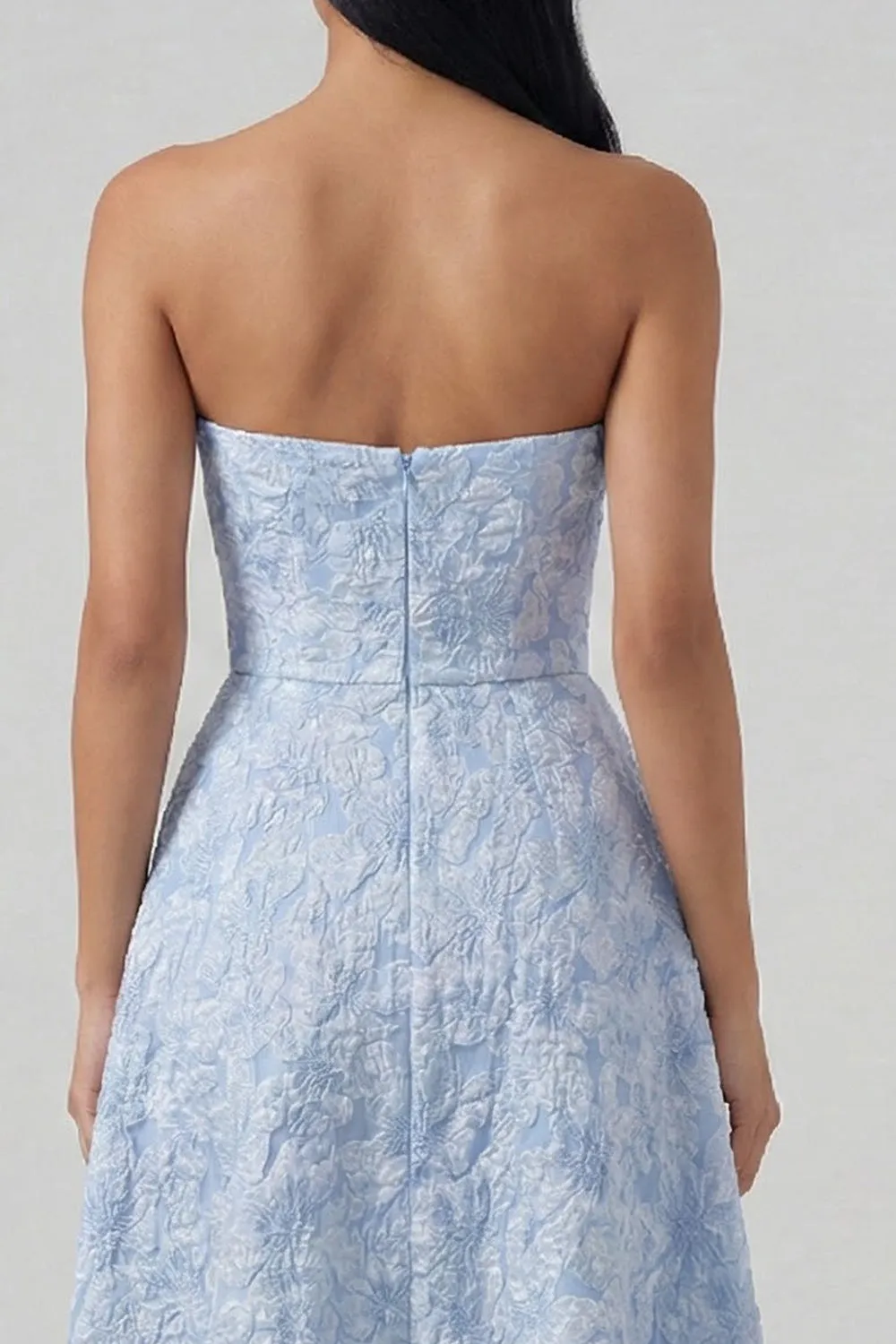 Blue Strapless Jacquard Ruched A Line Midi Dress with Slit sold by Zapaka product image thumbnail 4
