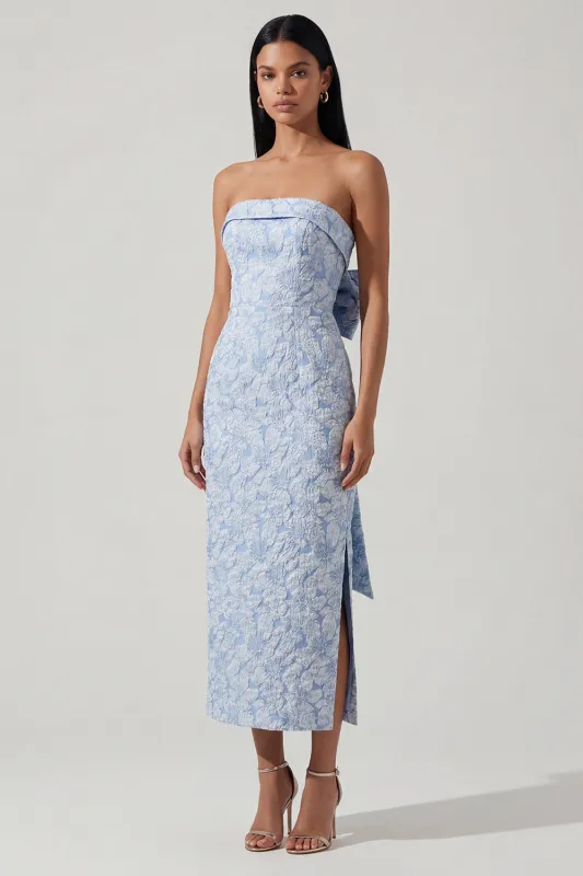 Bowknot Blue Strapless Jacquard Sheath Midi Dress with Slit sold by Zapaka