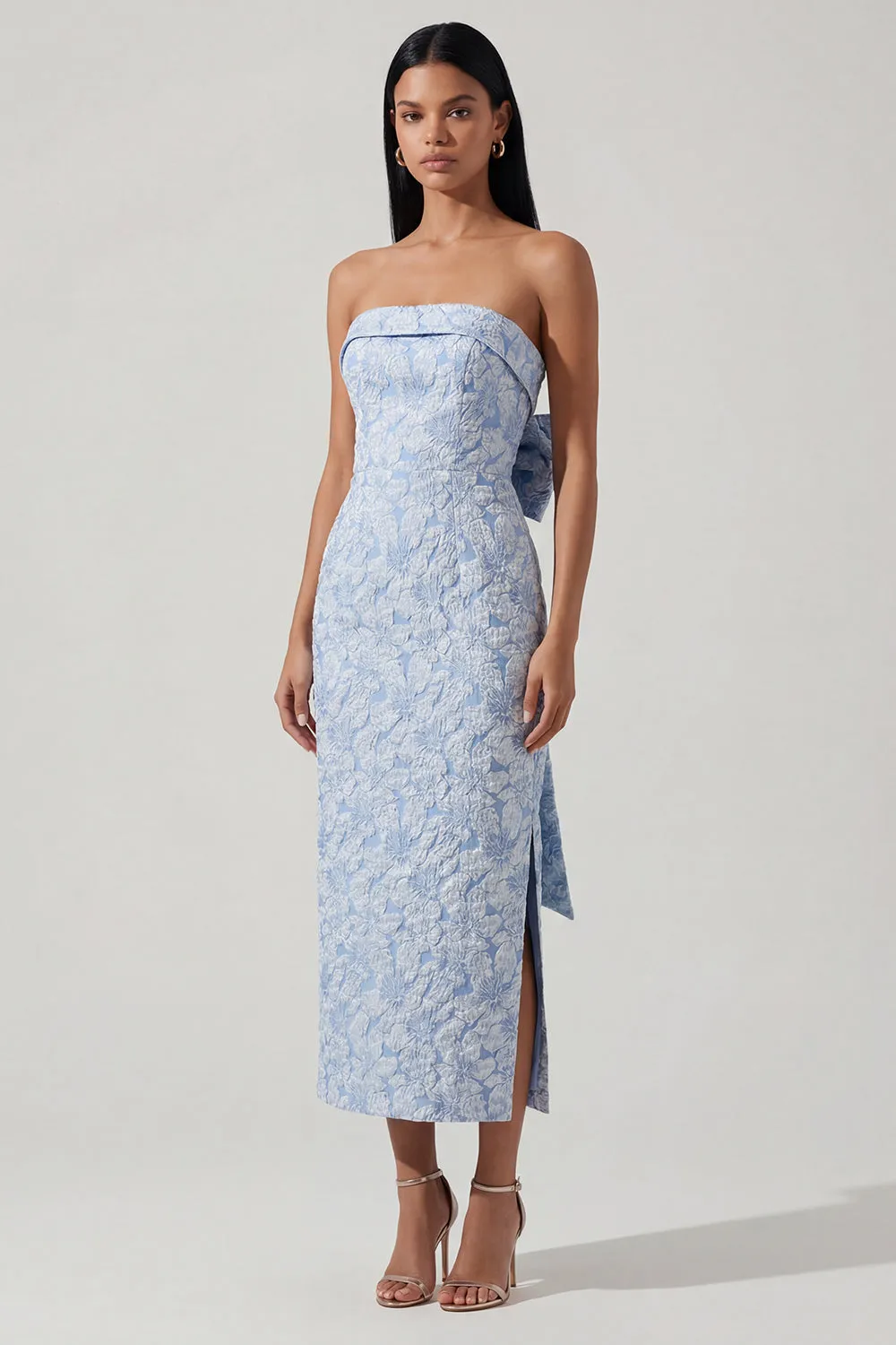 Bowknot Blue Strapless Jacquard Sheath Midi Dress with Slit sold by Zapaka