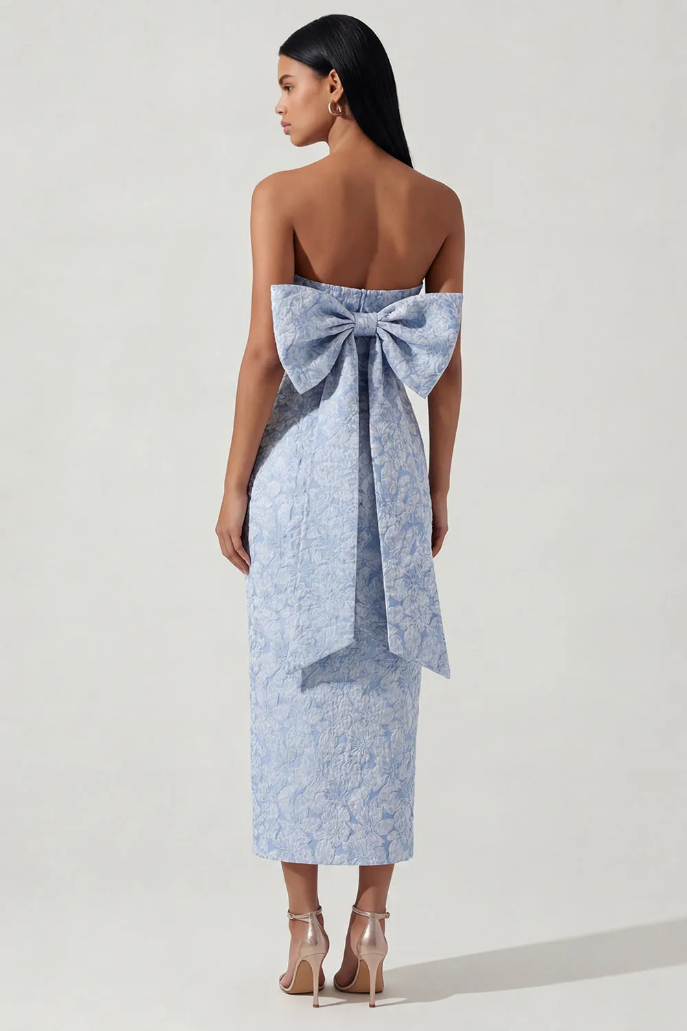 Bowknot Blue Strapless Jacquard Sheath Midi Dress with Slit sold by Zapaka product image thumbnail 3