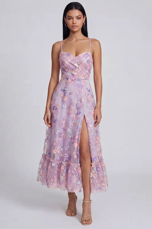Lilac Flower Appliqued Spaghetti Straps A Line Midi Dress with Slit sold by Zapaka