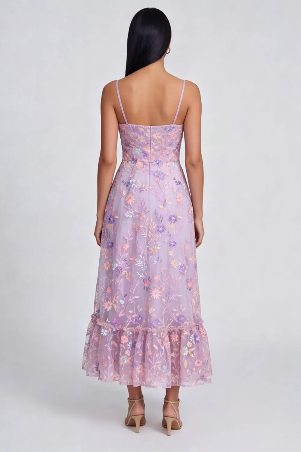 Lilac Flower Appliqued Spaghetti Straps A Line Midi Dress with Slit sold by Zapaka product image thumbnail 2