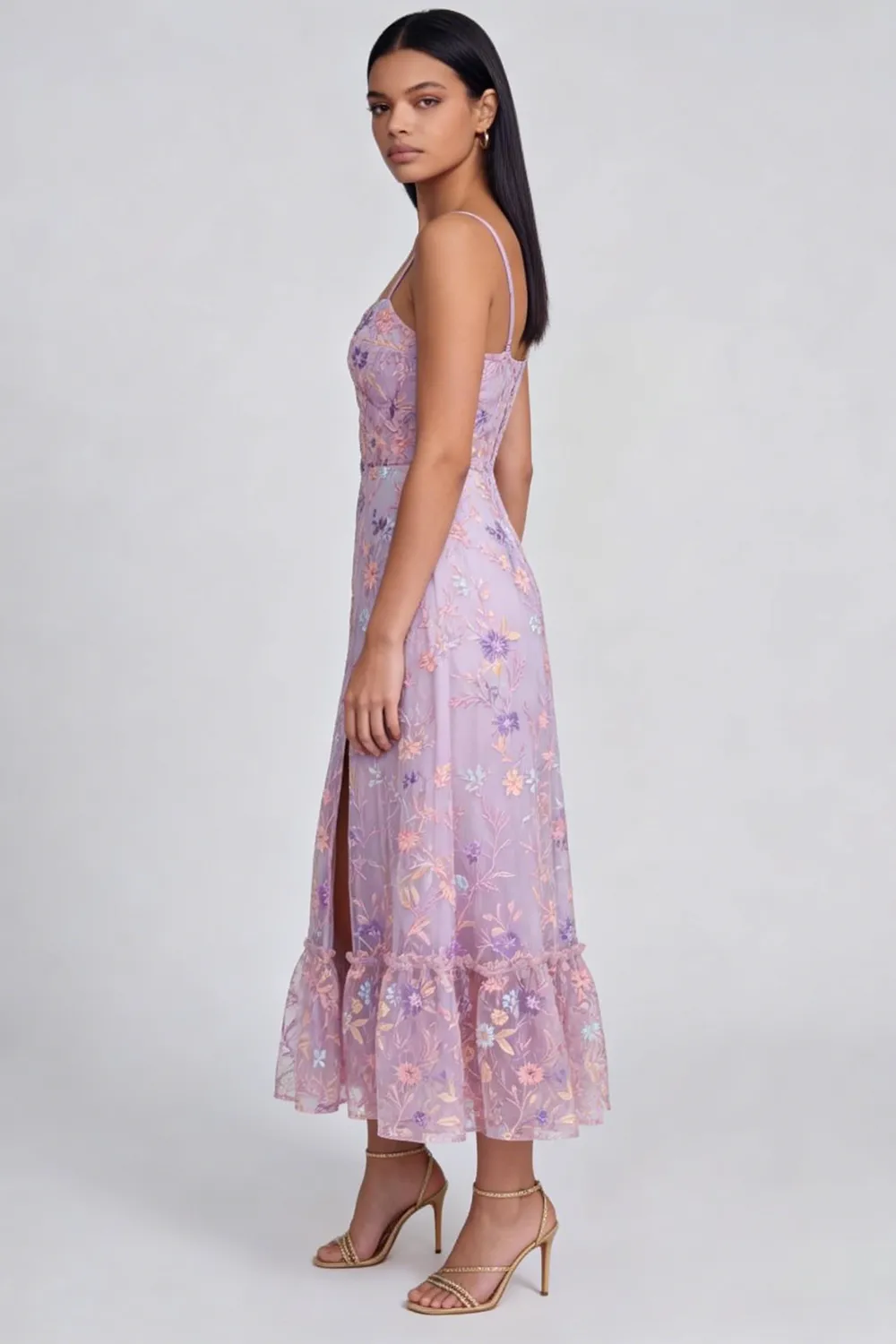 Lilac Flower Appliqued Spaghetti Straps A Line Midi Dress with Slit sold by Zapaka product image thumbnail 3