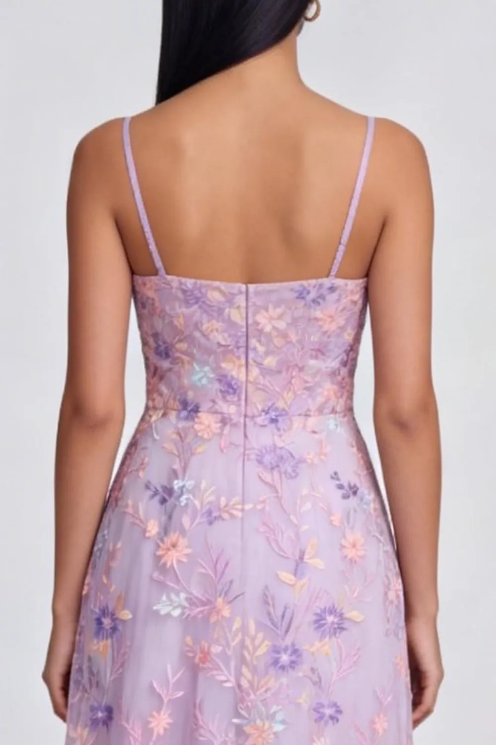 Lilac Flower Appliqued Spaghetti Straps A Line Midi Dress with Slit sold by Zapaka product image thumbnail 4