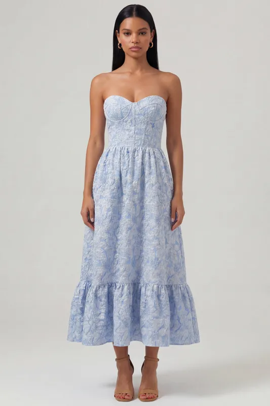 Blue Jacquard Corset Strapless A Line Midi Dress with Ruffles made by Zapaka