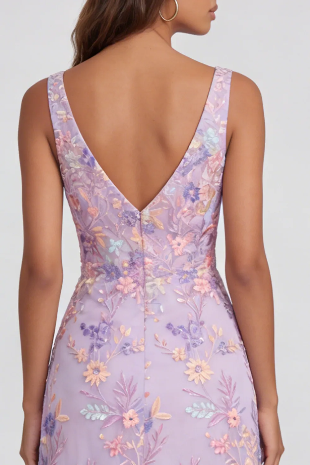 Lilac Flower Appliqued V Neck A Line Midi Dress with Slit sold by Zapaka product image thumbnail 4