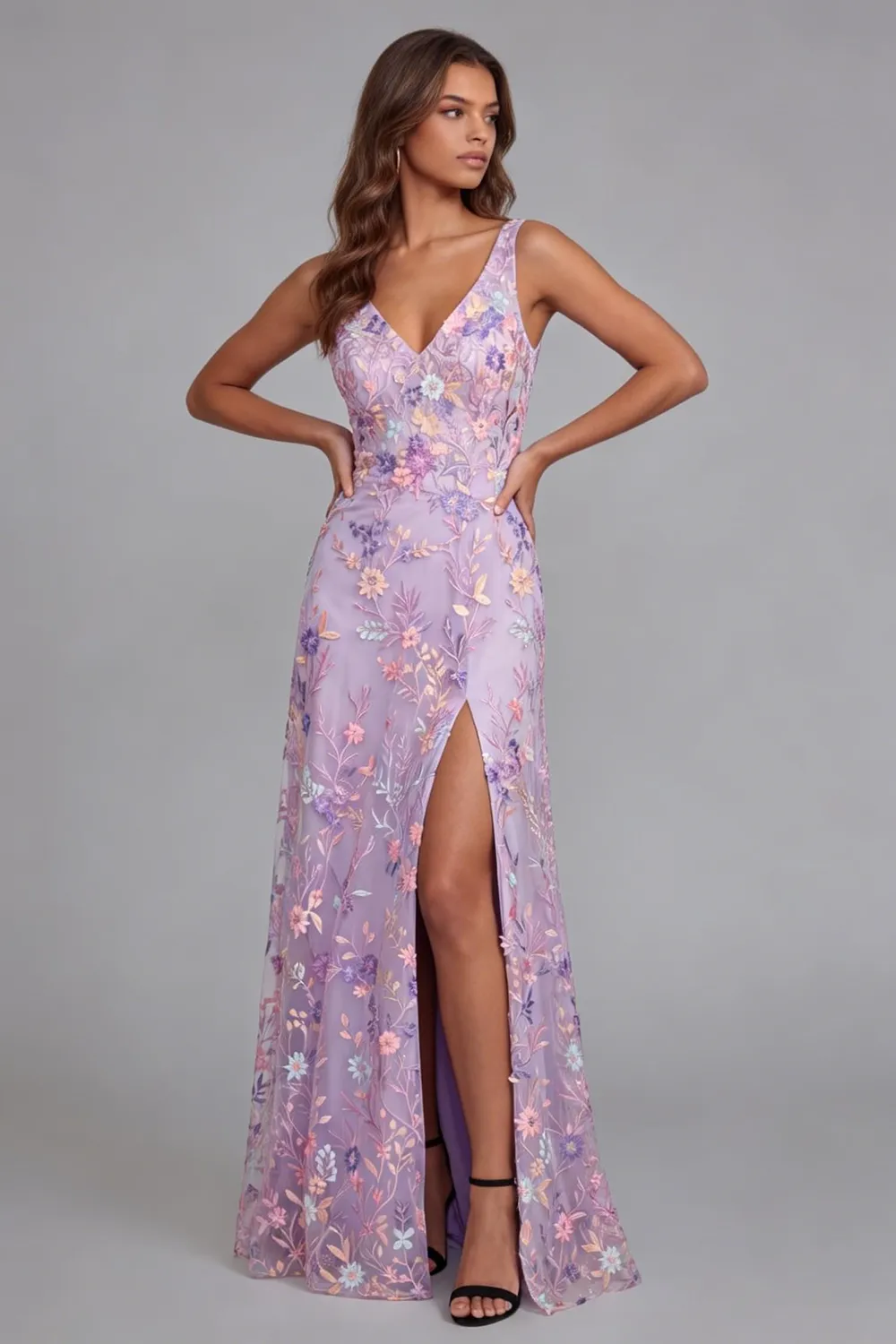 Lilac Flower Appliqued V Neck A Line Midi Dress with Slit sold by Zapaka product image thumbnail 2