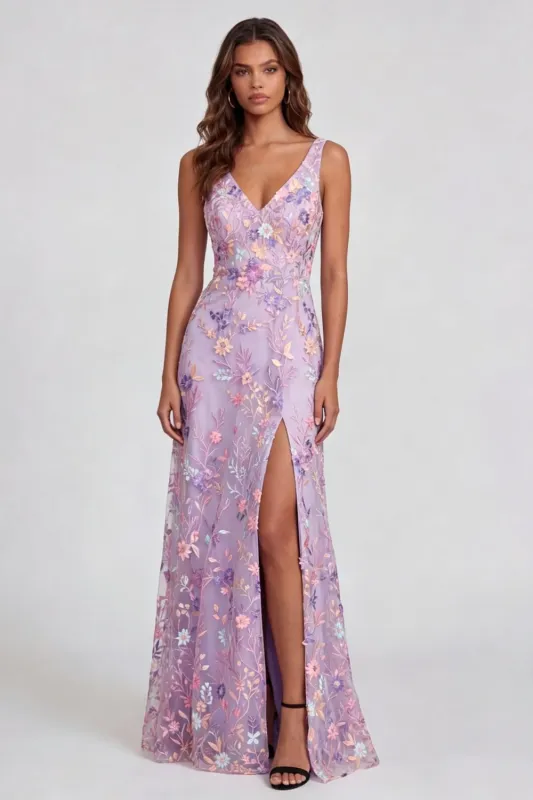 Lilac Flower Appliqued V Neck A Line Midi Dress with Slit sold by Zapaka