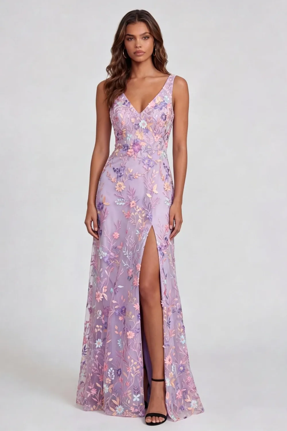 Lilac Flower Appliqued V Neck A Line Midi Dress with Slit sold by Zapaka
