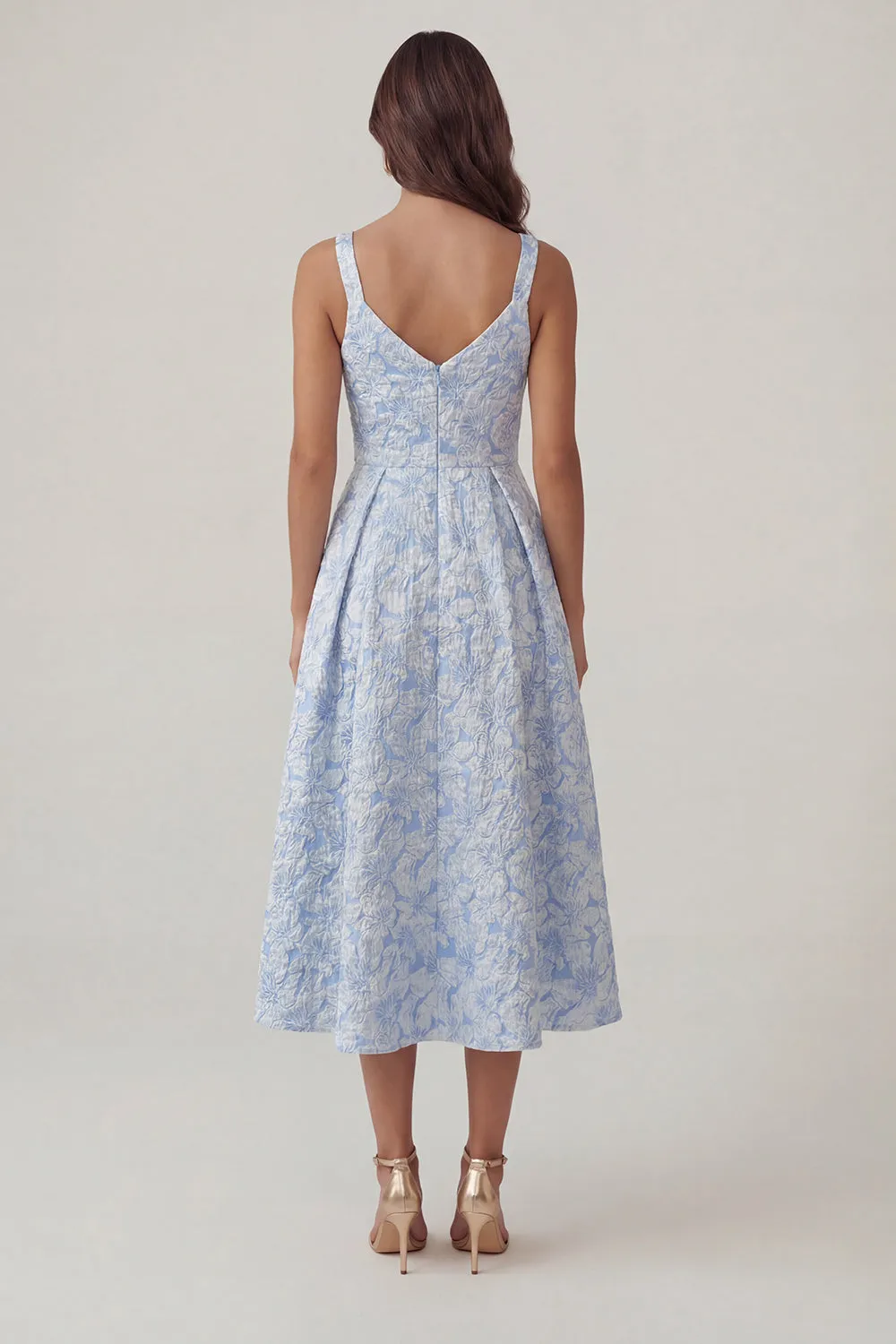 Blue Jacquard V Neck Ruched A Line Midi Dress sold by Zapaka product image thumbnail 2