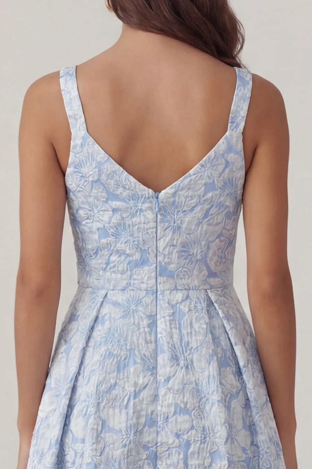 Blue Jacquard V Neck Ruched A Line Midi Dress sold by Zapaka product image thumbnail 4