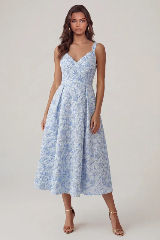 Blue Jacquard V Neck Ruched A Line Midi Dress sold by Zapaka