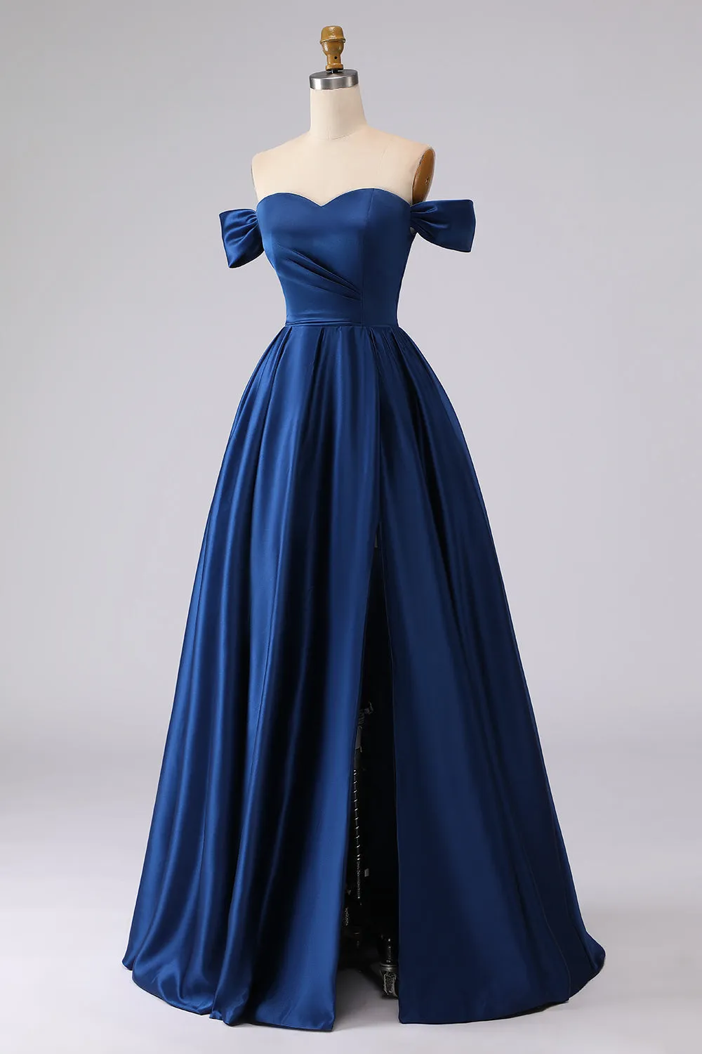 Off the Shoulder Navy Satin A-Line Long Prom Dress with Slit sold by Zapaka product image thumbnail 3
