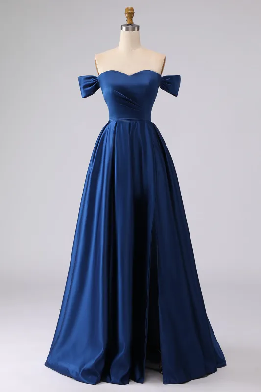 Off the Shoulder Navy Satin A-Line Long Prom Dress with Slit sold by Zapaka
