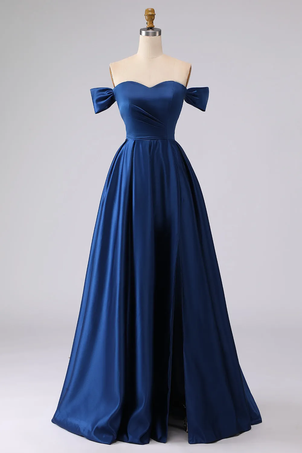 Off the Shoulder Navy Satin A-Line Long Prom Dress with Slit sold by Zapaka