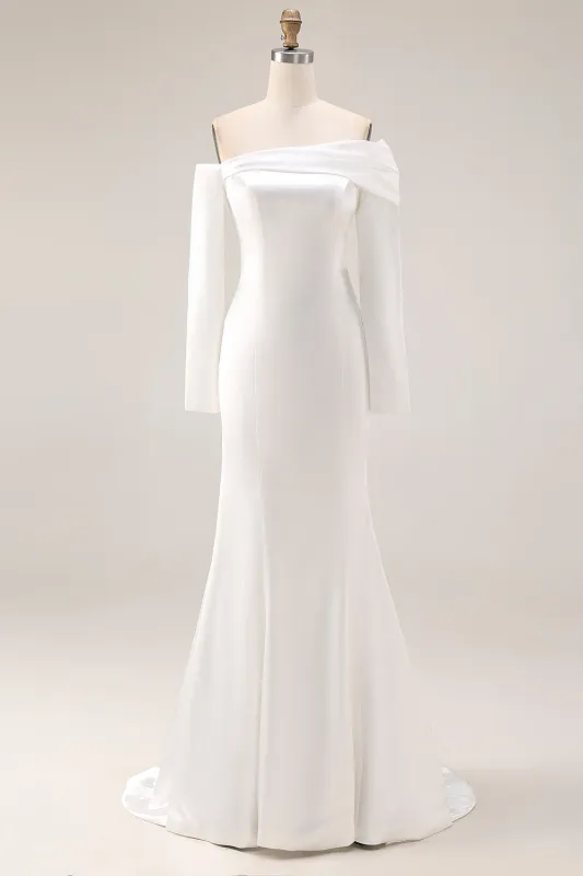 White Mermaid Off The Shoulder Wedding Dress with Long Sleeves sold by Zapaka