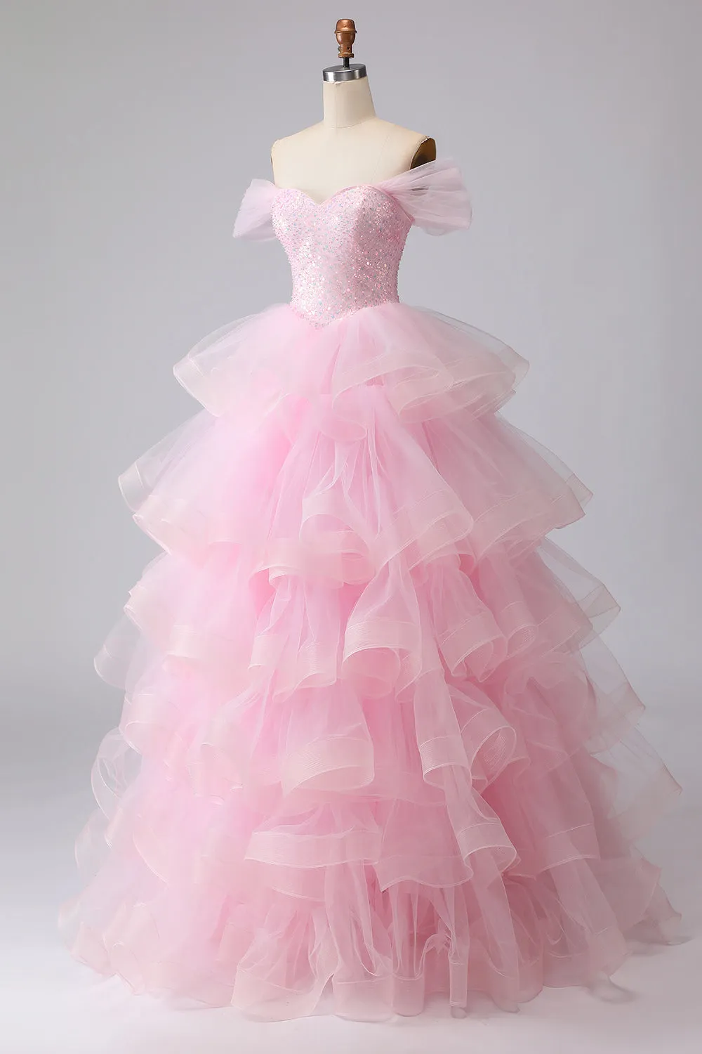 Pink Princess Off The Shoulder Tiered Ruffled Long Prom Dress with Sequins sold by Zapaka product image thumbnail 3