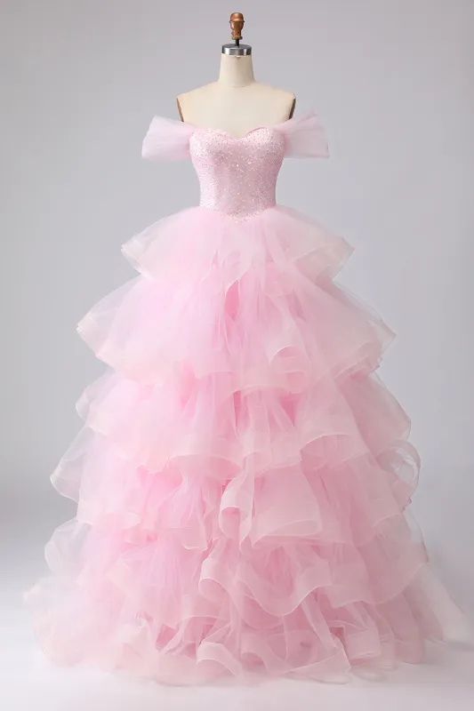 Pink Princess Off The Shoulder Tiered Ruffled Long Prom Dress with Sequins sold by Zapaka