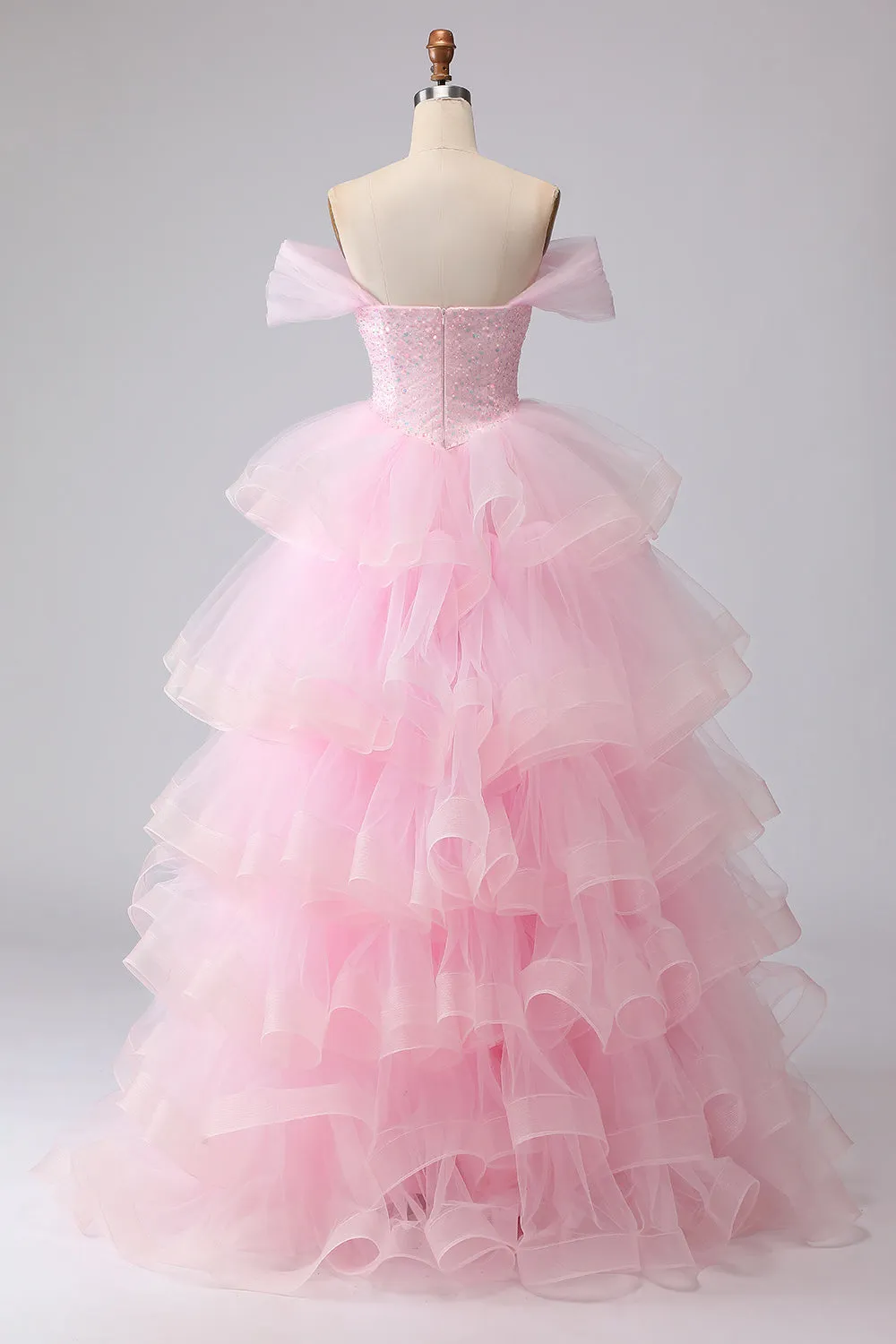 Pink Princess Off The Shoulder Tiered Ruffled Long Prom Dress with Sequins sold by Zapaka product image thumbnail 2