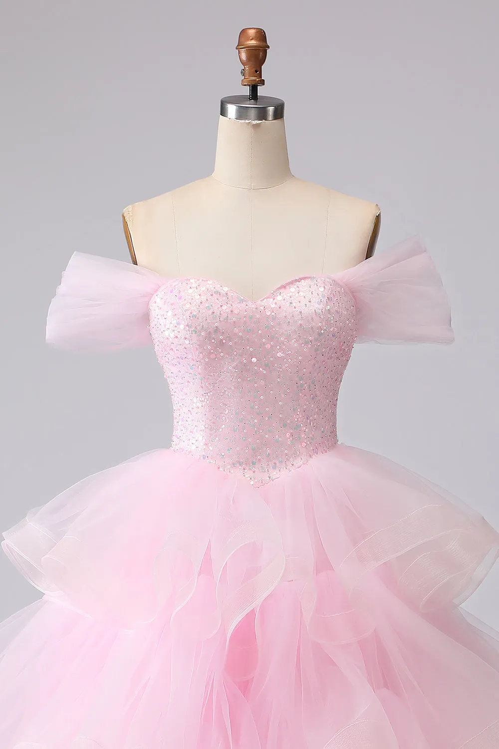 Pink Princess Off The Shoulder Tiered Ruffled Long Prom Dress with Sequins sold by Zapaka product image thumbnail 4