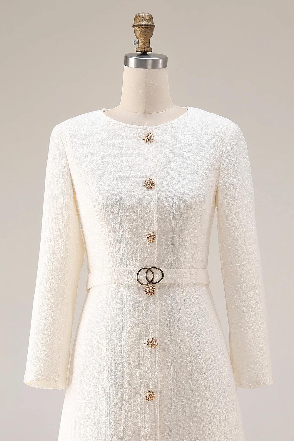 Ivory Sheath Long Sleeves Tweed Midi Work Dress with Belt sold by Zapaka product image thumbnail 4