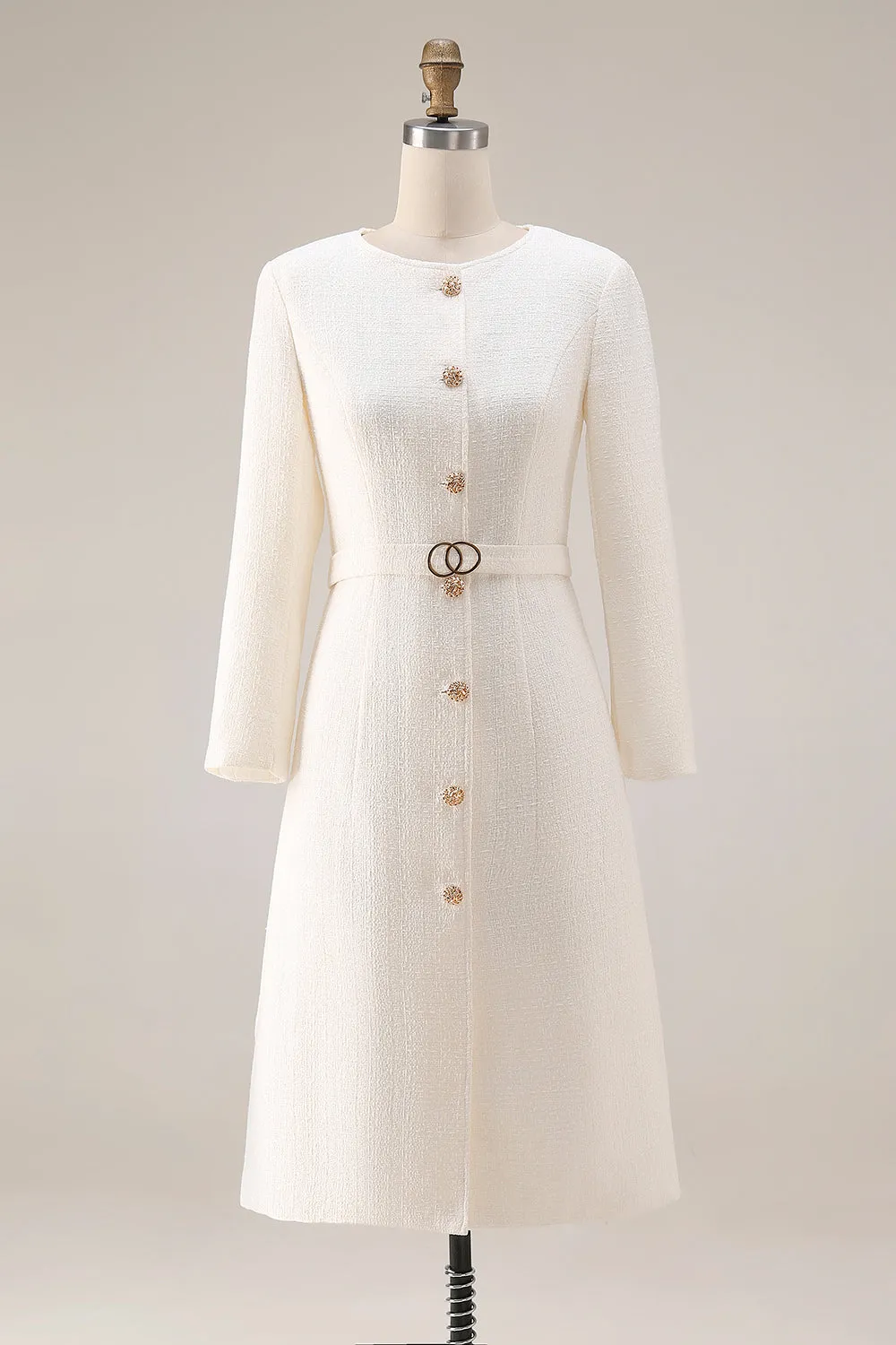 Ivory Sheath Long Sleeves Tweed Midi Work Dress with Belt sold by Zapaka
