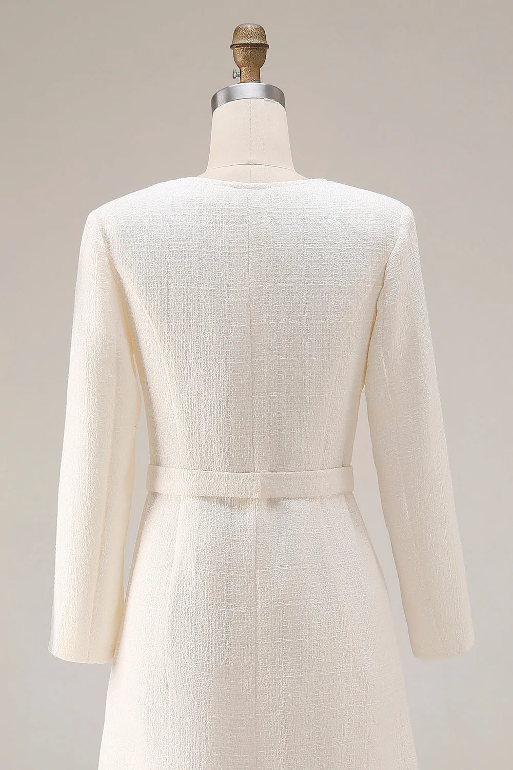 Ivory Sheath Long Sleeves Tweed Midi Work Dress with Belt sold by Zapaka product image thumbnail 5