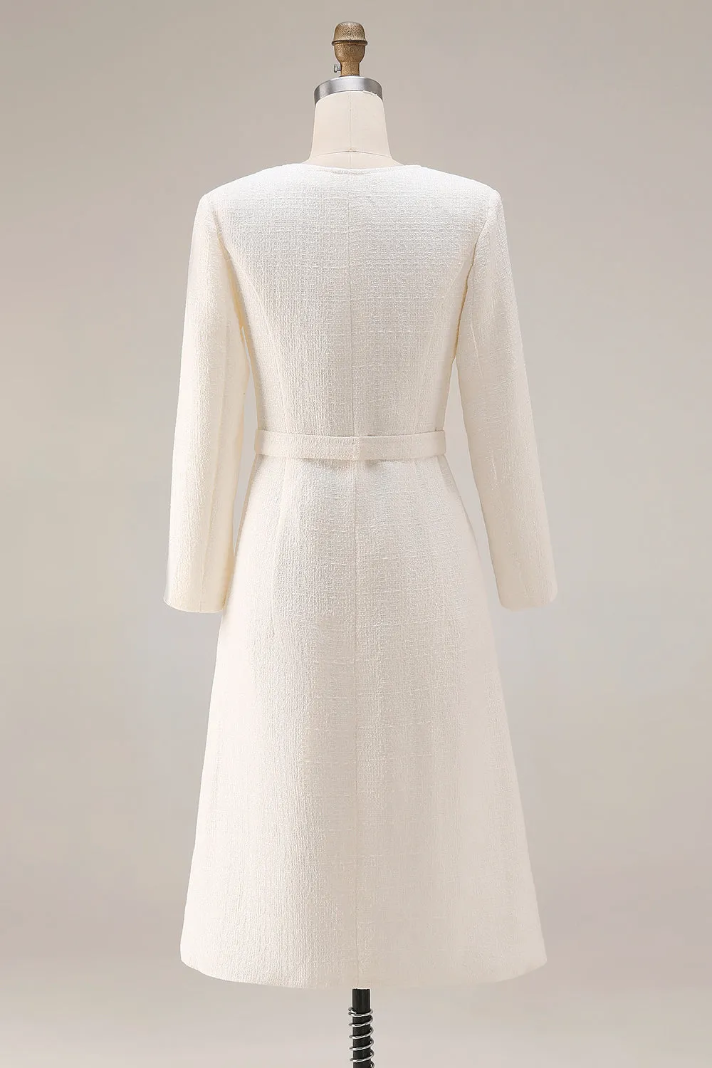 Ivory Sheath Long Sleeves Tweed Midi Work Dress with Belt sold by Zapaka product image thumbnail 2