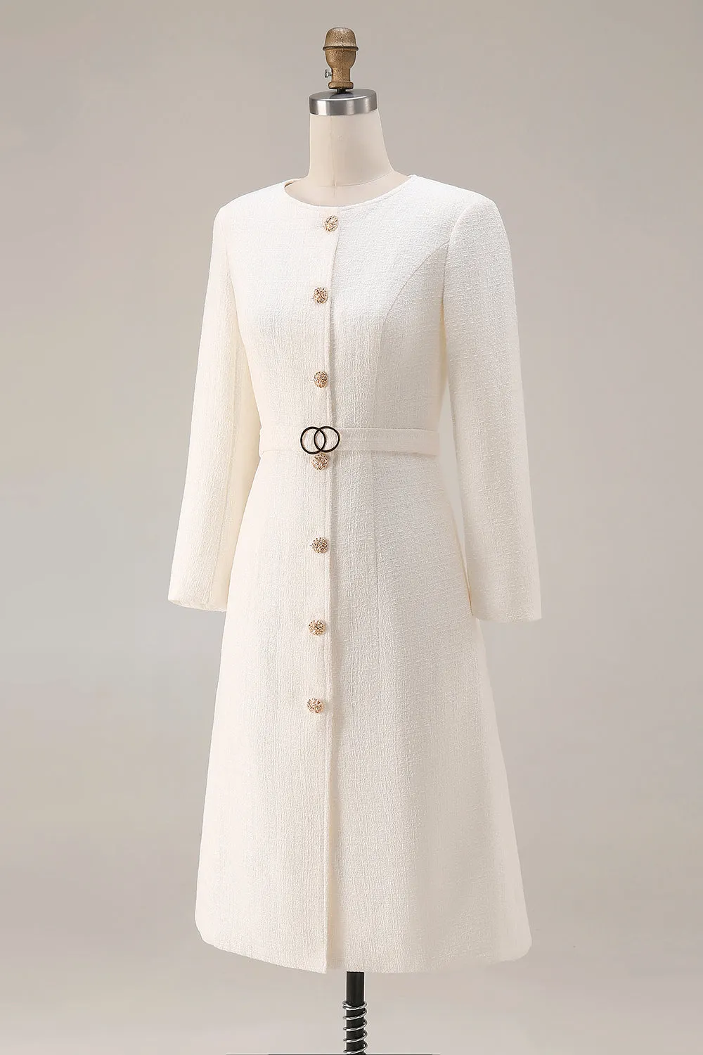 Ivory Sheath Long Sleeves Tweed Midi Work Dress with Belt sold by Zapaka product image thumbnail 3