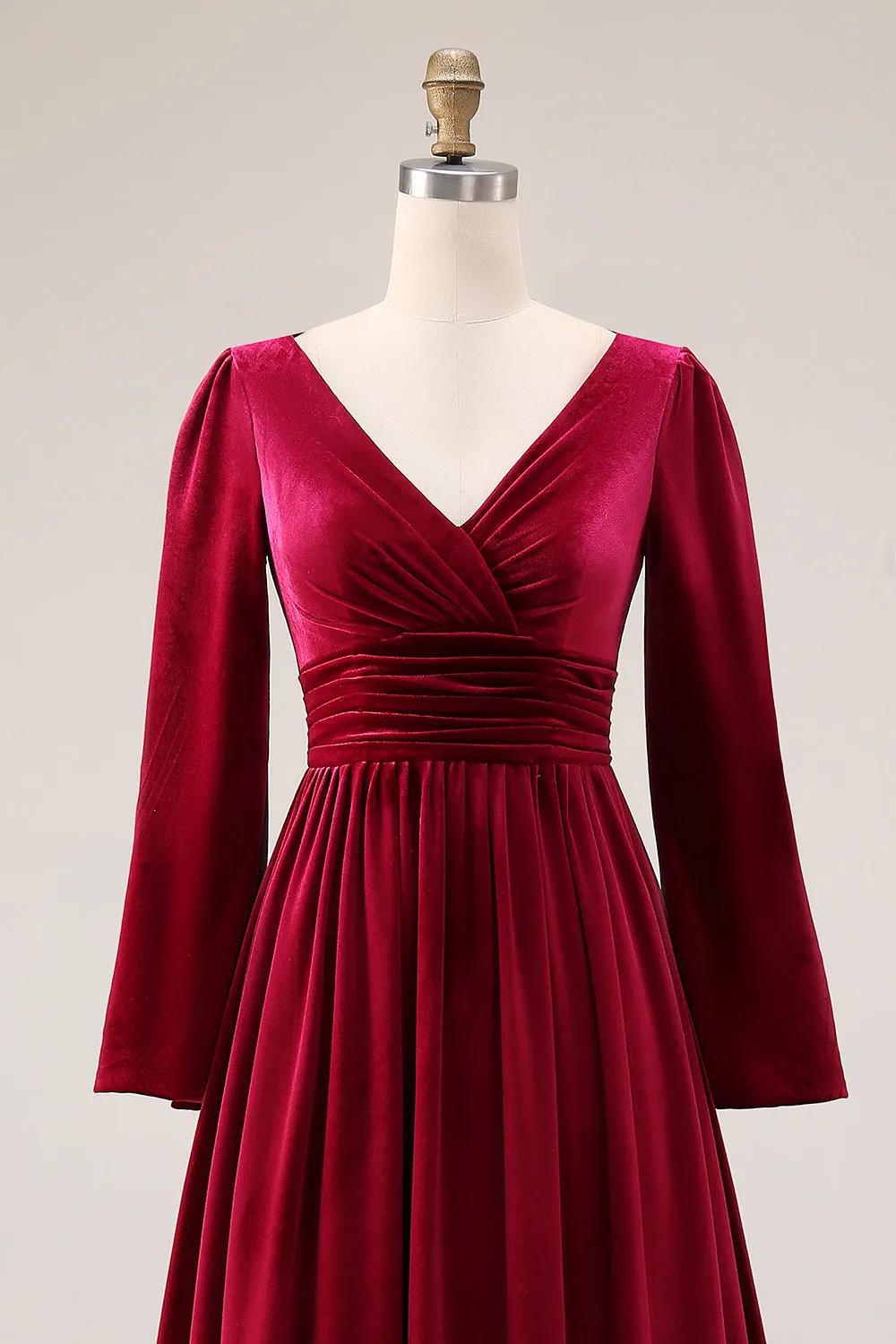 Burgundy Velvet A Line V Neck Long Sleeves Formal Dress sold by Zapaka product image thumbnail 4
