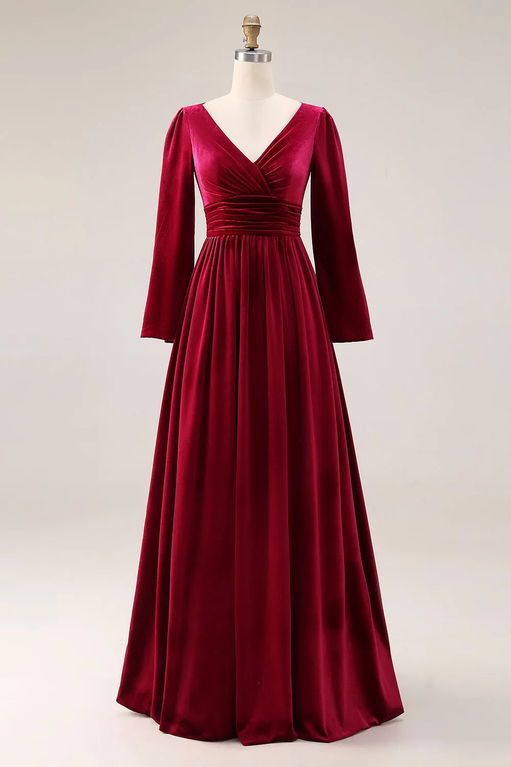 Burgundy Velvet A Line V Neck Long Sleeves Formal Dress sold by Zapaka