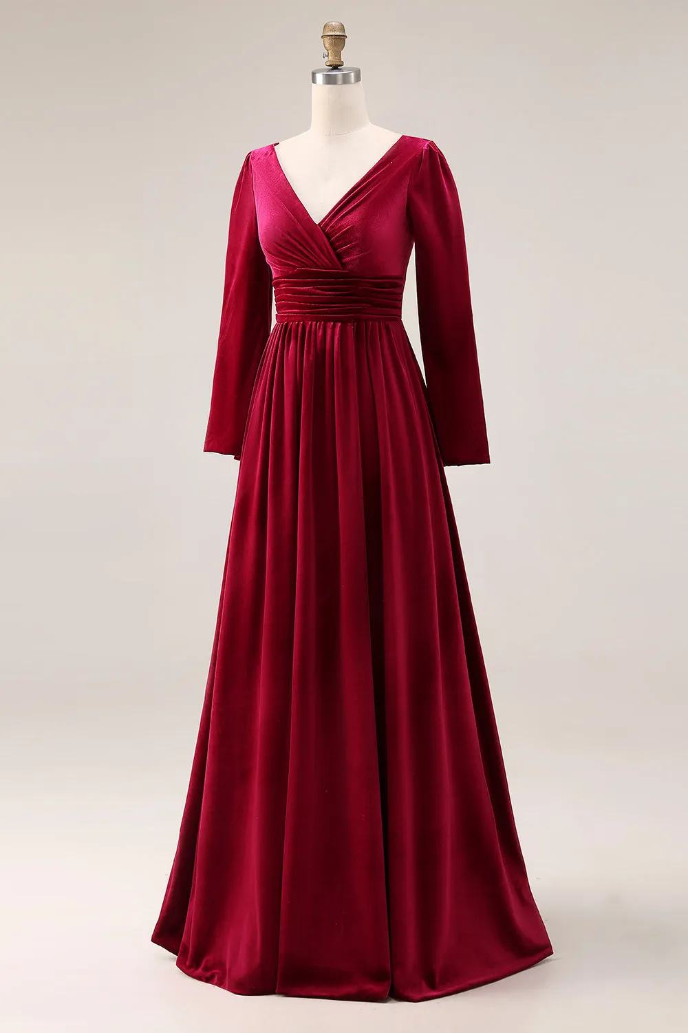 Burgundy Velvet A Line V Neck Long Sleeves Formal Dress sold by Zapaka product image thumbnail 3