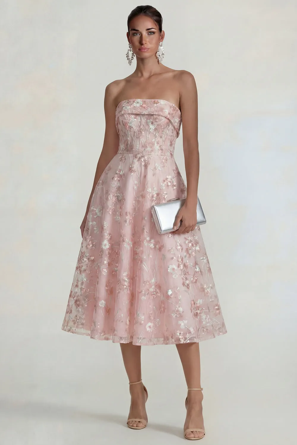 Sparkly Flower Appliqued Pink Strapless A Line Midi Dress sold by Zapaka product image thumbnail 3