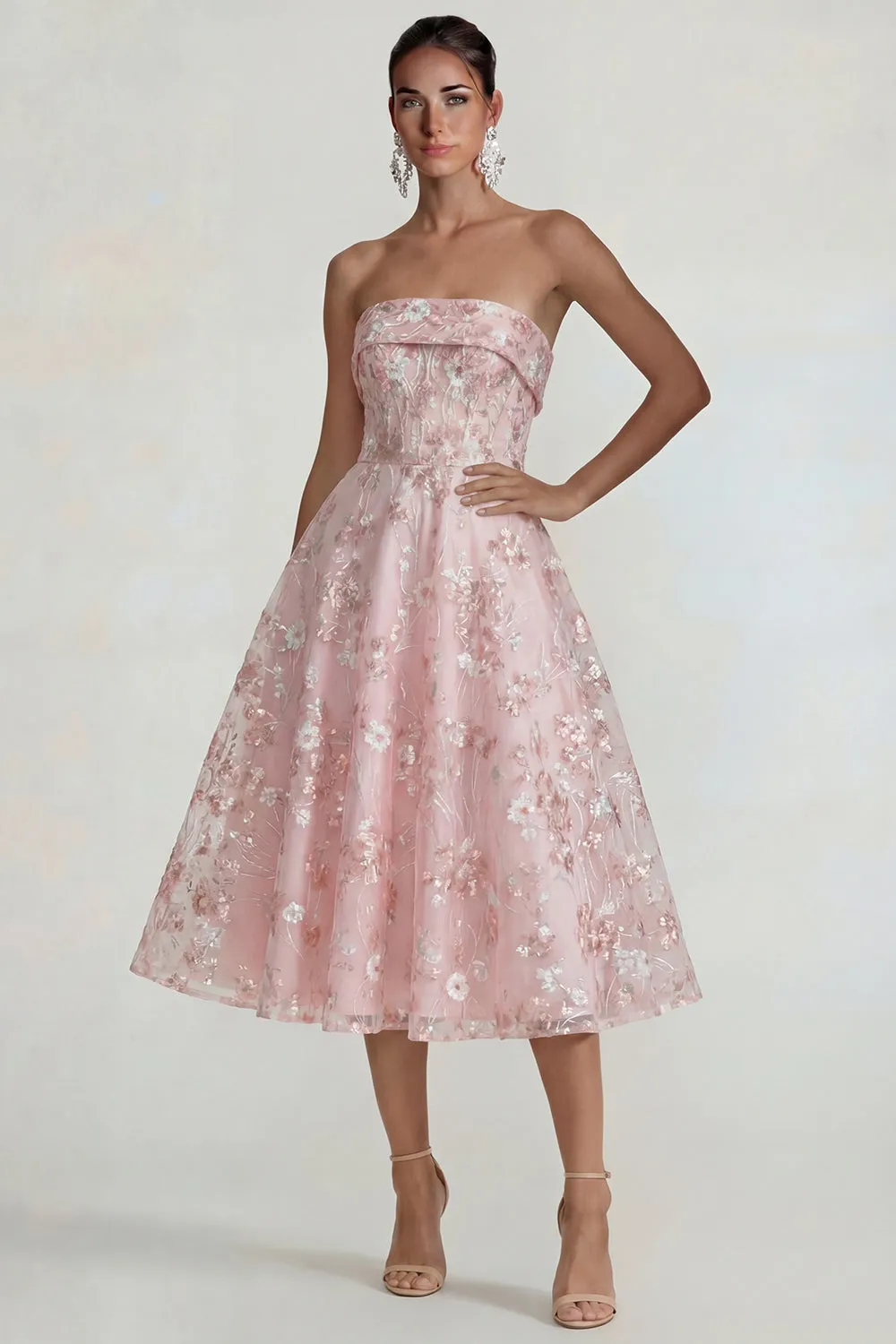Sparkly Flower Appliqued Pink Strapless A Line Midi Dress sold by Zapaka